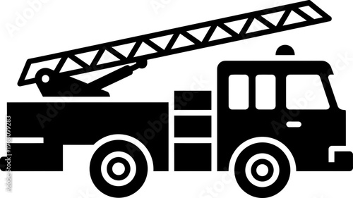 Fire truck vector icon with extended ladder for emergency service and rescue concept, black and white illustration for graphic design