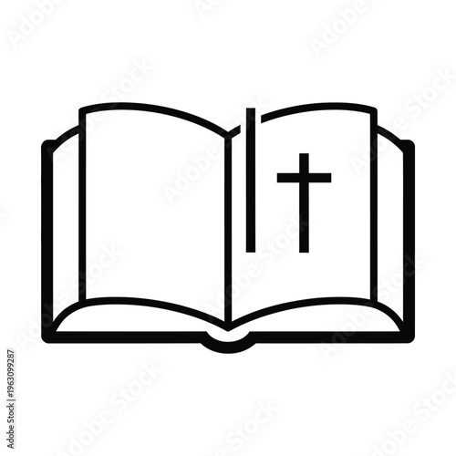 Line art icon of an open book with a cross symbol and a bookmark, representing religion and spirituality.