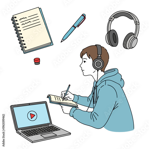 Young man learning online with laptop, headphones, notebook, and pen, focusing on education and skill development at home.