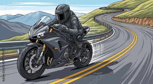 Motorcyclist Riding on Winding Road.