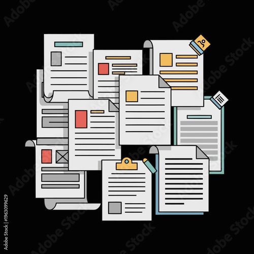Stack of papers documents and reports with colorful tabs and elements symbolizing data organization information management and project documentation.