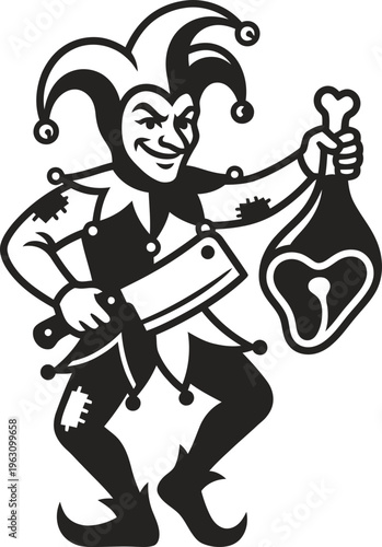 Jester joker man holding meat and cleaver. Butcher chef mascot symbol for restaurant business. Vector illustration design