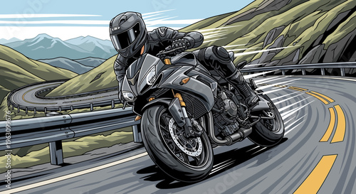Motorcyclist Riding on Winding Road.