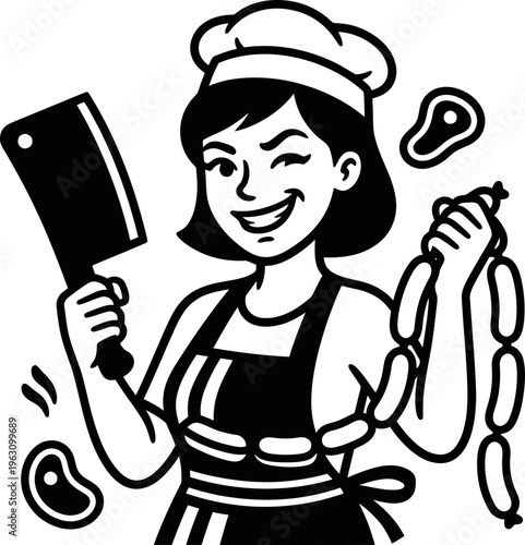 Smiling woman butcher holding meat cleaver and sausage against meat cuts background. Food business concept. Vector illustration