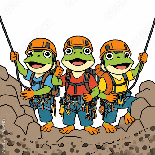 Cartoon frogs as rock climbers with gear and ropes. Adventure-themed vector illustration.