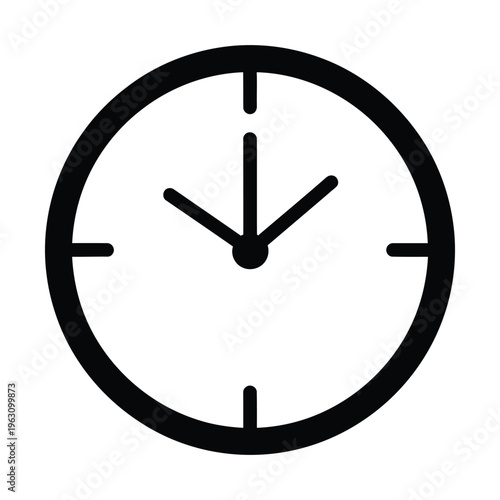 Simple black and white outline icon of a classic analog clock face with hands and tick marks, representing time.