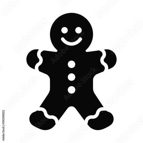 A black silhouette of a smiling gingerbread man cookie with button details and wavy edges, depicted as a simple graphic icon.
