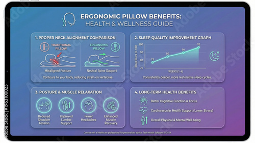 Infographic showing the benefits of an ergonomic pillow for neck pain relief, including alignment, sleep quality, and long-term health.