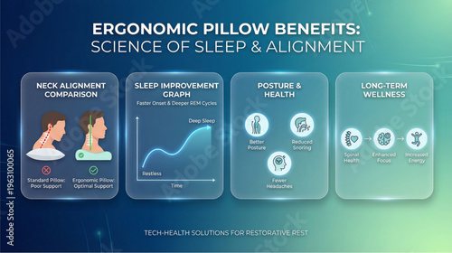 Infographic showing the benefits of an ergonomic pillow for neck pain relief, including alignment, sleep quality, and long-term health.