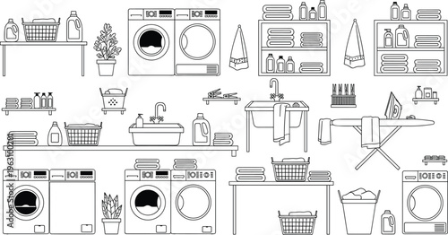 Laundry room interior icons set with washing machine dryer laundry basket ironing board sink towels and detergent bottles line vector illustration