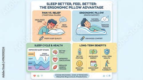 Infographic showing the benefits of an ergonomic pillow for neck pain relief, including alignment, sleep quality, and long-term health.