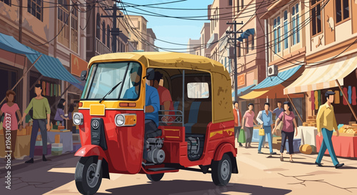Red and yellow auto rickshaw vehicle.