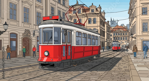 Red and white vintage city tram.