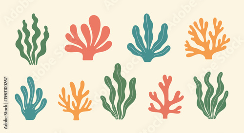Vibrant coral reef shapes in orange green and blue on beige