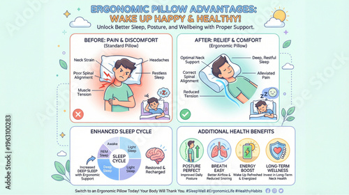 Infographic showing the benefits of an ergonomic pillow for neck pain relief, including alignment, sleep quality, and long-term health.
