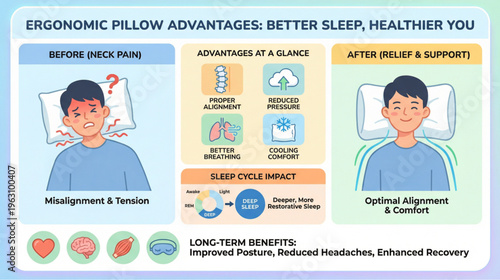 Infographic showing the benefits of an ergonomic pillow for neck pain relief, including alignment, sleep quality, and long-term health.