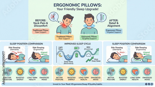 Infographic showing the benefits of an ergonomic pillow for neck pain relief, including alignment, sleep quality, and long-term health.