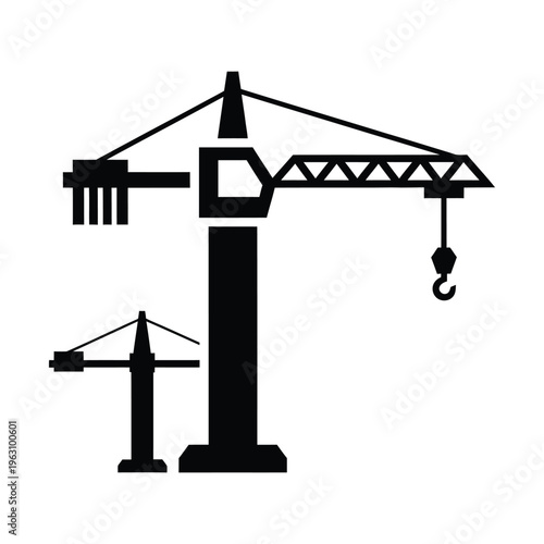 Black silhouette illustration of two tower cranes, one large and one small, symbolizing construction and industrial development.