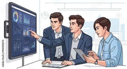 Three businessmen discussing data on screen.