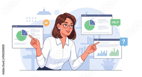 Woman pointing at business charts graphs.