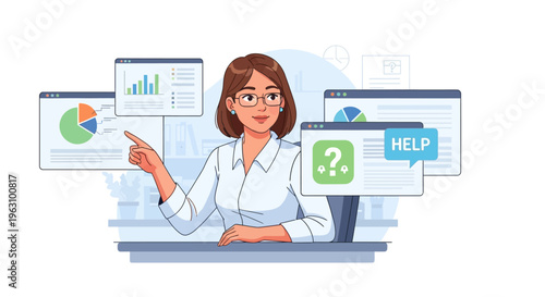 Woman pointing at computer screen.