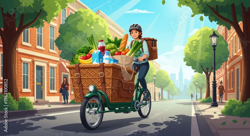 Woman Riding Bicycle with Vegetable Cart.