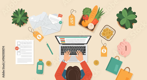 Woman shopping online with laptop.