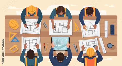 Workers in hard hats and vests.