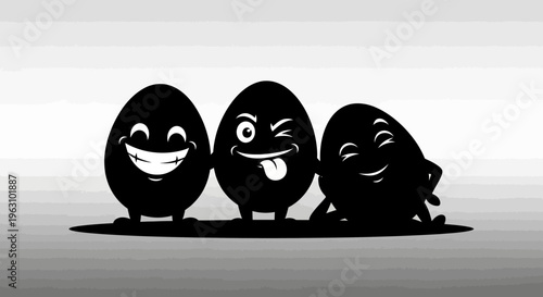 Three expressive egg-shaped characters with distinct facial expressions.