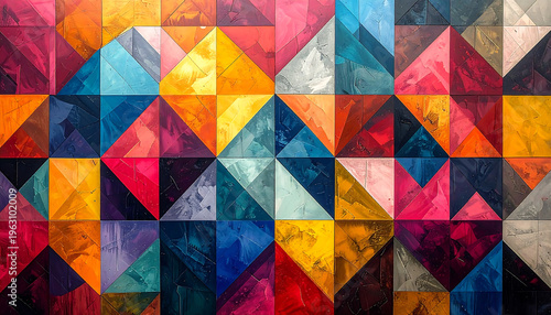 Abstract geometric pattern with vibrant colorful triangles and squares creating a modern art mosaic