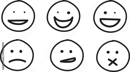 Set of hand drawn smiley emoji face icons with different emotions isolated on white background.