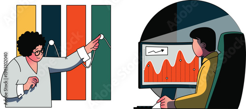 A person conducting an experiment while another observes data graphs on a computer screen together