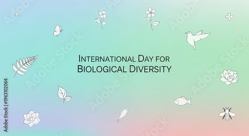 A colorful illustration celebrating International Day for Biological Diversity with various animal and plant species