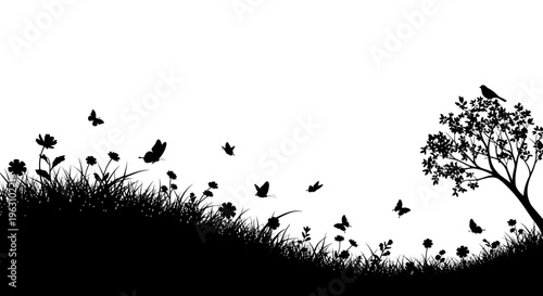 Silhouettes of butterflies, flowers, grass, and a tree with a bird.