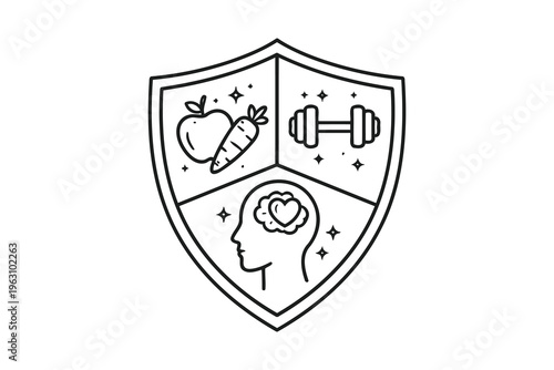 A shield emblem showcasing apple, carrot, brain, and dumbbells for health and mental fitness inspiration Vector