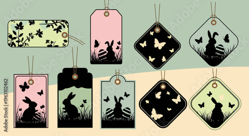 Collection of Easter-themed tags with bunny and butterfly silhouettes.