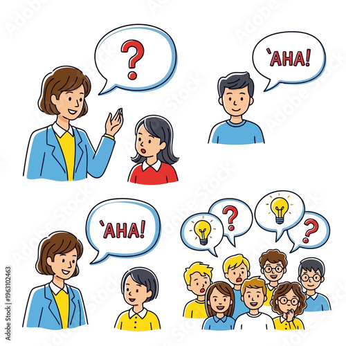 Education and communication concept showing teacher student interaction with questions and aha moments.