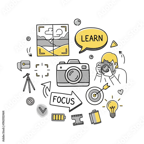 Photography learning concept with camera person and focus target, symbolizing education and skill development.