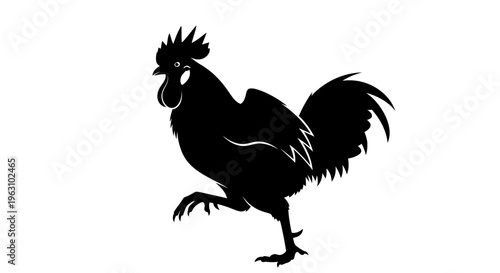 Rooster silhouette with detailed feathers and comb.