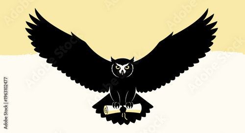 Majestic black owl in flight holding a scroll.