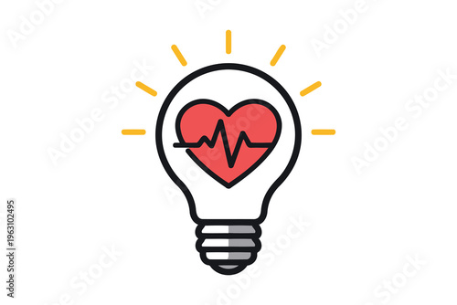 A lightbulb icon featuring a heart with an electrocardiogram line inside it symbolizing health and innovation Vector