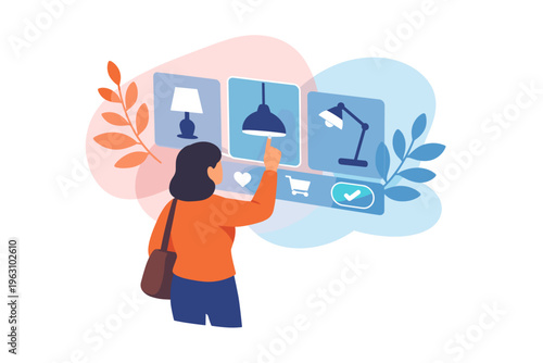 Woman browsing lighting options online for home decor.