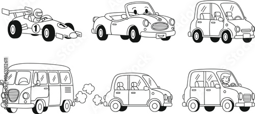 Set of cute car vector line art illustrations including racing car van and vintage sedan for children coloring