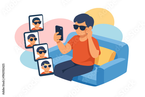 Young man taking selfie with sunglasses on couch.