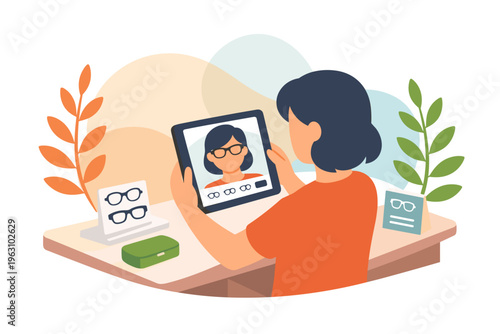 Woman choosing eyeglasses using a tablet computer screen.