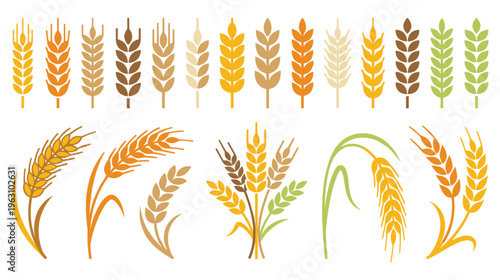 Various wheat ears and grains in different colors and styles.