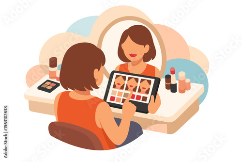 Woman choosing makeup shades on tablet in front of mirror.
