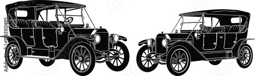 Vintage antique car silhouette set, featuring two classic retro touring vehicles from the early twentieth century, flat vector illustration, automotive history