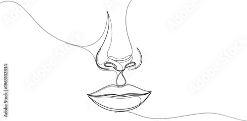 Minimalist one line drawing of female face features with nose and lips for modern beauty salon wall art