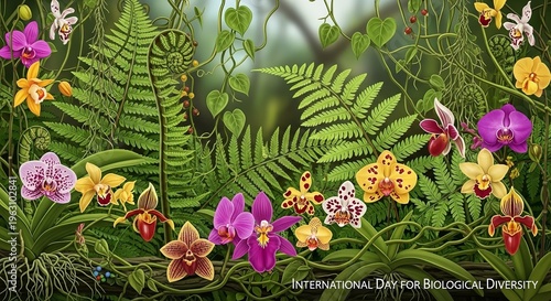 A vibrant and diverse array of colorful flowers and lush greenery celebrating the International Day for Biological Diversity